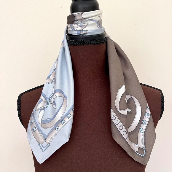 New Gucci Logo Chains Color-Block Brown Blue Silk Scarf - Picture 10 of 12